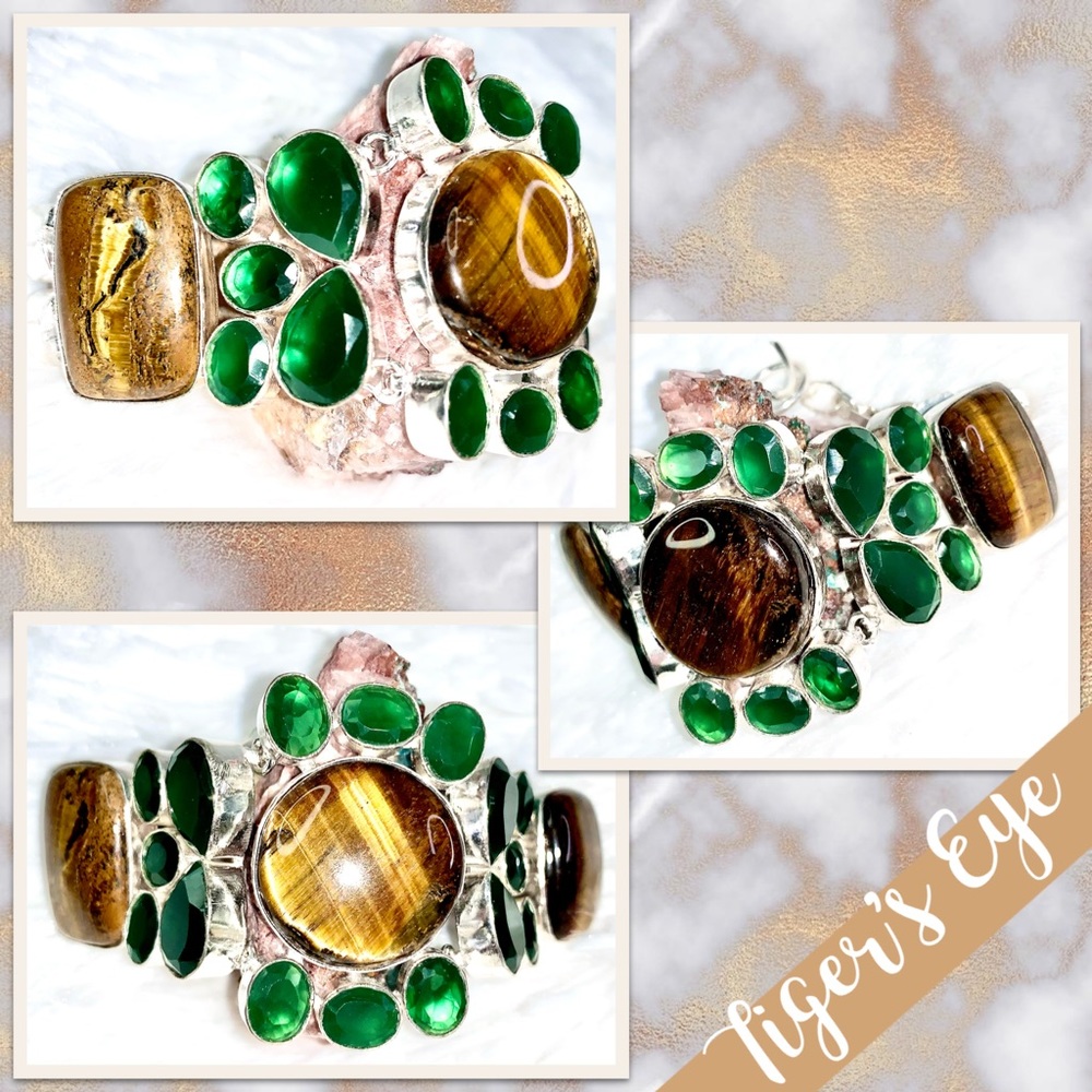 Tiger’s Eye & Chrome Diopside Sterling Silver Bracelet NWOT, Golden Brown, Green
